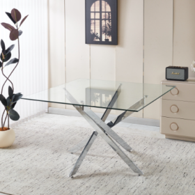 Chrome Dining Table With Cross Metal Leg And Glass,Modern Space Saving Kitchen Table For Living Room,120x120x75cm Square Glass (Option: Chrome)