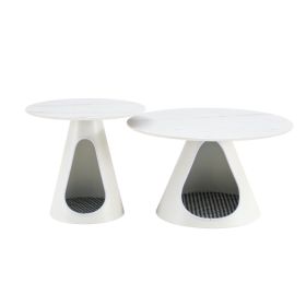 Set Of 2 Coffee Round Tables With A Marble-look Top And Steel Base With 2 Cat Beds Multifunctional And Stylish Entable (Color: White)