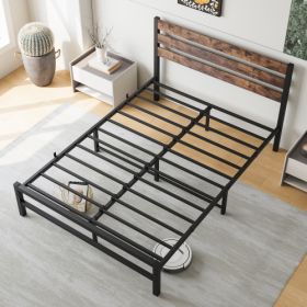 Full Size Platform Bed Frame With Rustic Vintage Wood Headboard, Strong Metal Slats Support Mattress Foundation, No Box Spring Needed Rustic Brow (Color: Black)