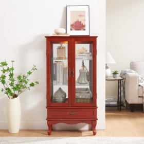Lighted Glass Cabinet Glass Wine Cabinet Curio Display Cabinet With Adjustable Glass Shelves 2 Doors And 1 Drawer Cabinet Bulb Included OAK (Option: Cherry)