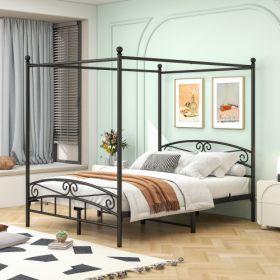 Queen Size Metal Canopy Bed Frame With Headboard And Footboard Black (Color: Black)
