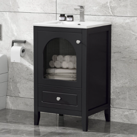 20 Bathroom Vanity With Sink, Bathroom Cabinet With Soft Closing Glass Door, A Drawer, Black (Color: Black)