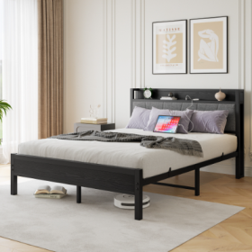 Queen Size Bed Frame, Storage Headboard With Charging Station, Solid And Stable, No Box Spring Needed, Easy Assembly (Color: Black)