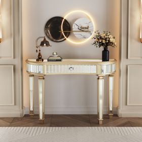 47 Half  Moon Mirrored Console Table With Fluted Glass  Crystal Knob Drawer  Silver Entryway Vanity Desk For BedroomDressing RoomGold Sliver (Option: GoldenSilver)