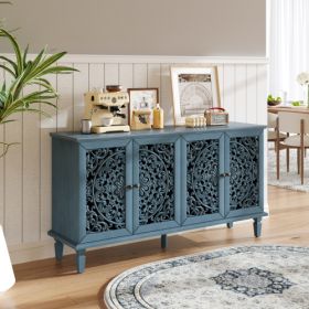 60 Antique Buffet Cabinet With Floral Carvings With Solid Wood Legs&Antique Brass Handles&Adjustable Shelves, TV Stand For 65'' TV, Sideboard For (Option: Antique Blue)